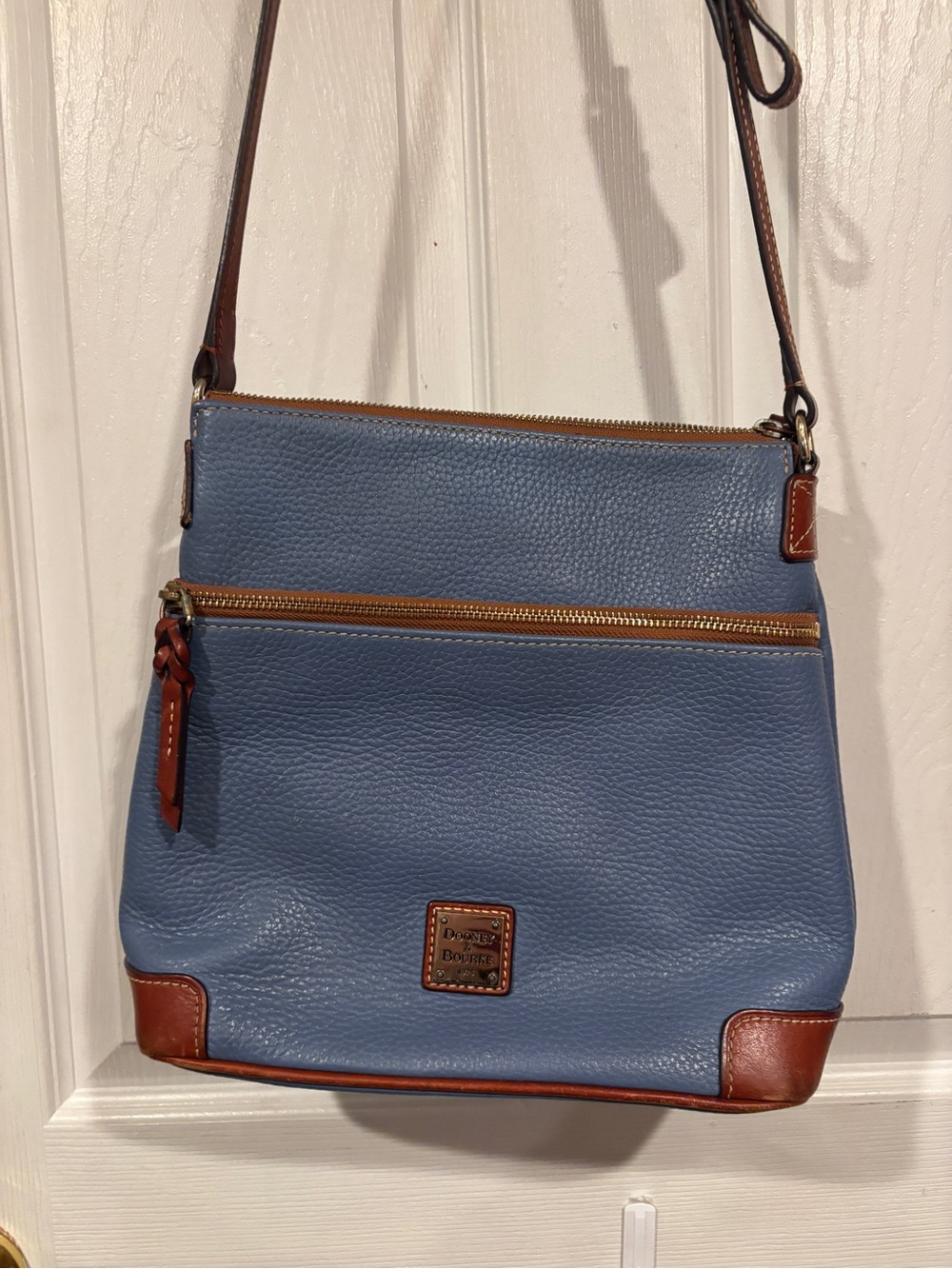 Dooney & Bourke Blue Leather Messenger Crossbody with Brown Trim